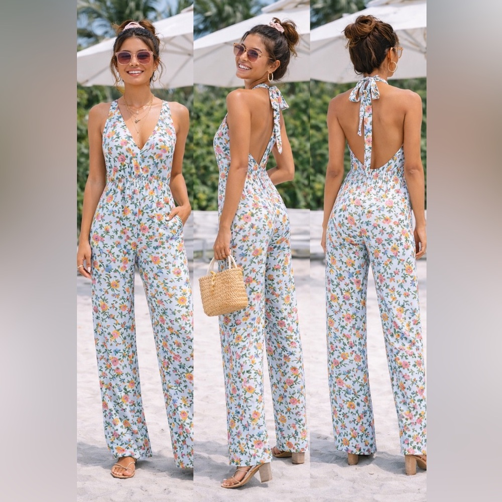 Maaji Light Blue Floral V-Neck Wide-Leg Jumpsuit